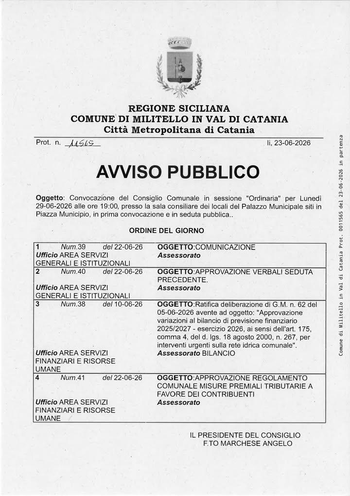 Convocazione del Consiglio Comunale in sessione Ordinaria per Lunedì 29-06-2026 alle ore 19:00, presso la sala consiliar...