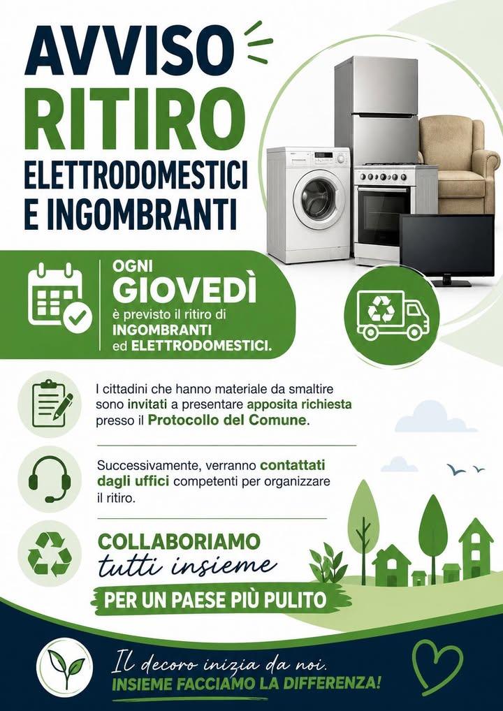 📢 AVVISO RITIRO ELETTRODOMESTICI E INGOMBRANTI Si informa la cittadinanza che ogni giovedì è previsto il servizio di ri...