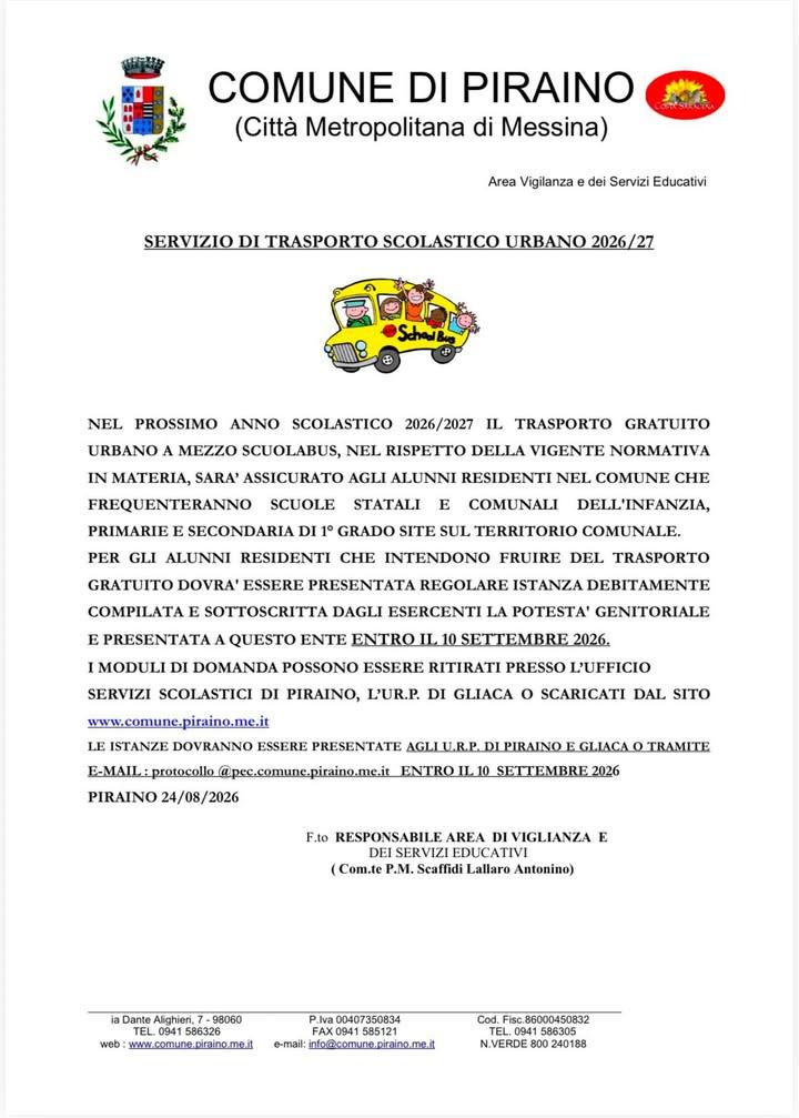 🚌 SERVIZIO DI TRASPORTO SCOLASTICO URBANO 2026/27