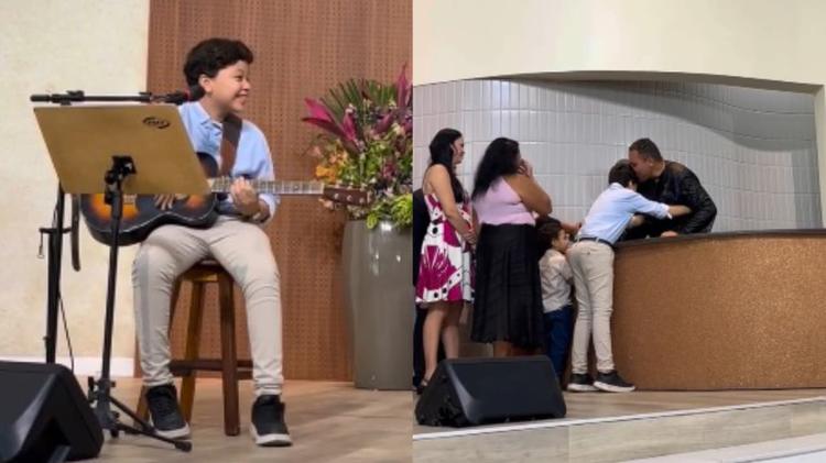 Enquanto tocava na igreja, menino se emociona ao ver pai se batizar de surpresa