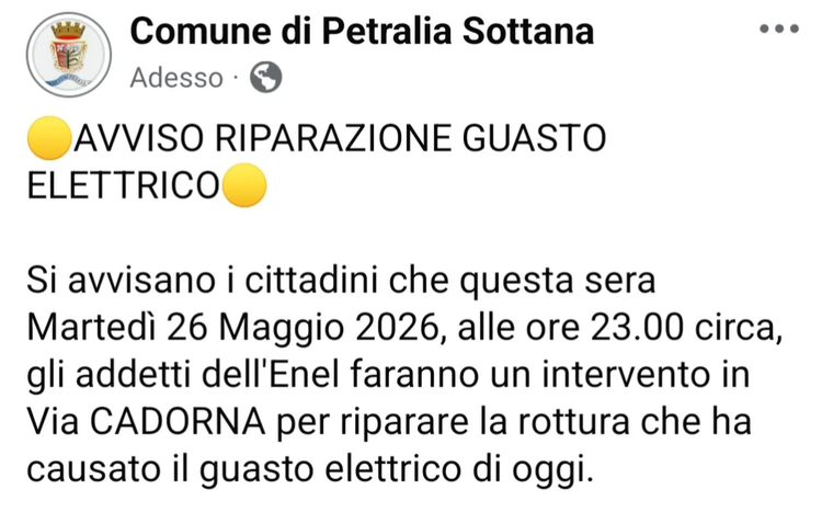 🟡AVVISO RIPARAZIONE GUASTO ELETTRICO🟡 Si avvisano i cittadini che questa sera Martedì 26 Maggio 2026, alle ore 23.00 c...