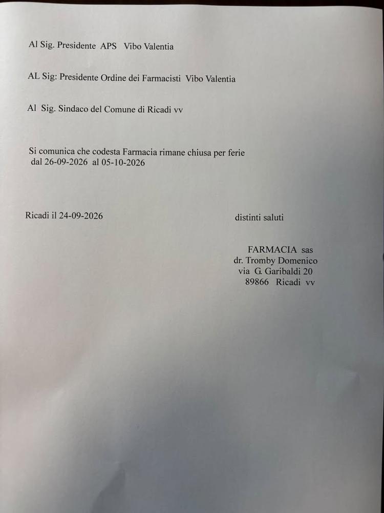 Riceviamo e pubblichiamo  📢 Avviso alla Gentile Clientela 📢 Informiamo che la Farmacia Dr. Tromby Domenico rimarrà chi...