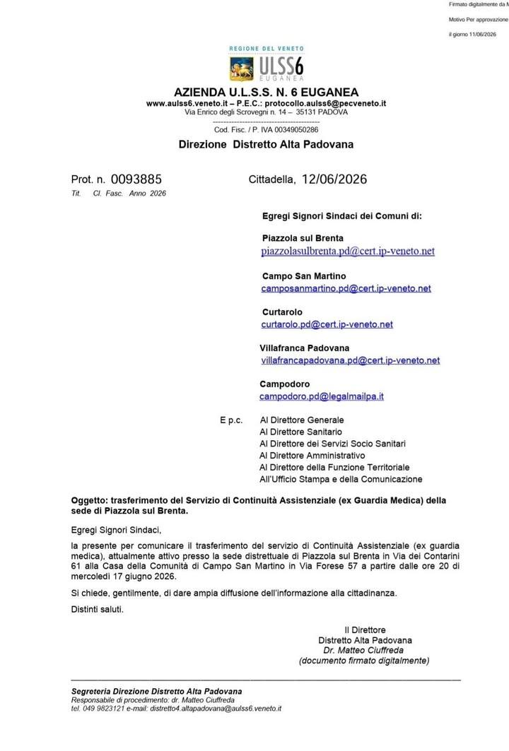 📌 TRASFERIMENTO DEL SERVIZIO DI CONTINUITÀ ASSISTENZIALE EX GUARDIA MEDICA DI PIAZZOLA SUL BRENTA PRESSO LA CASA DELLA...