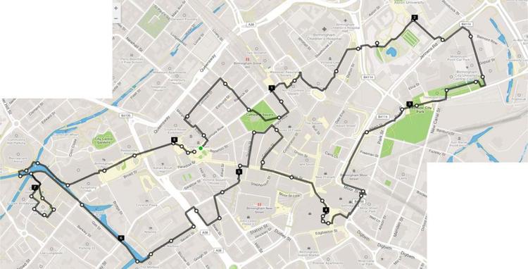 Route overview of the Birmingham 8km City Centre Run
