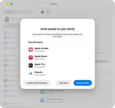creating a child account on macos 26