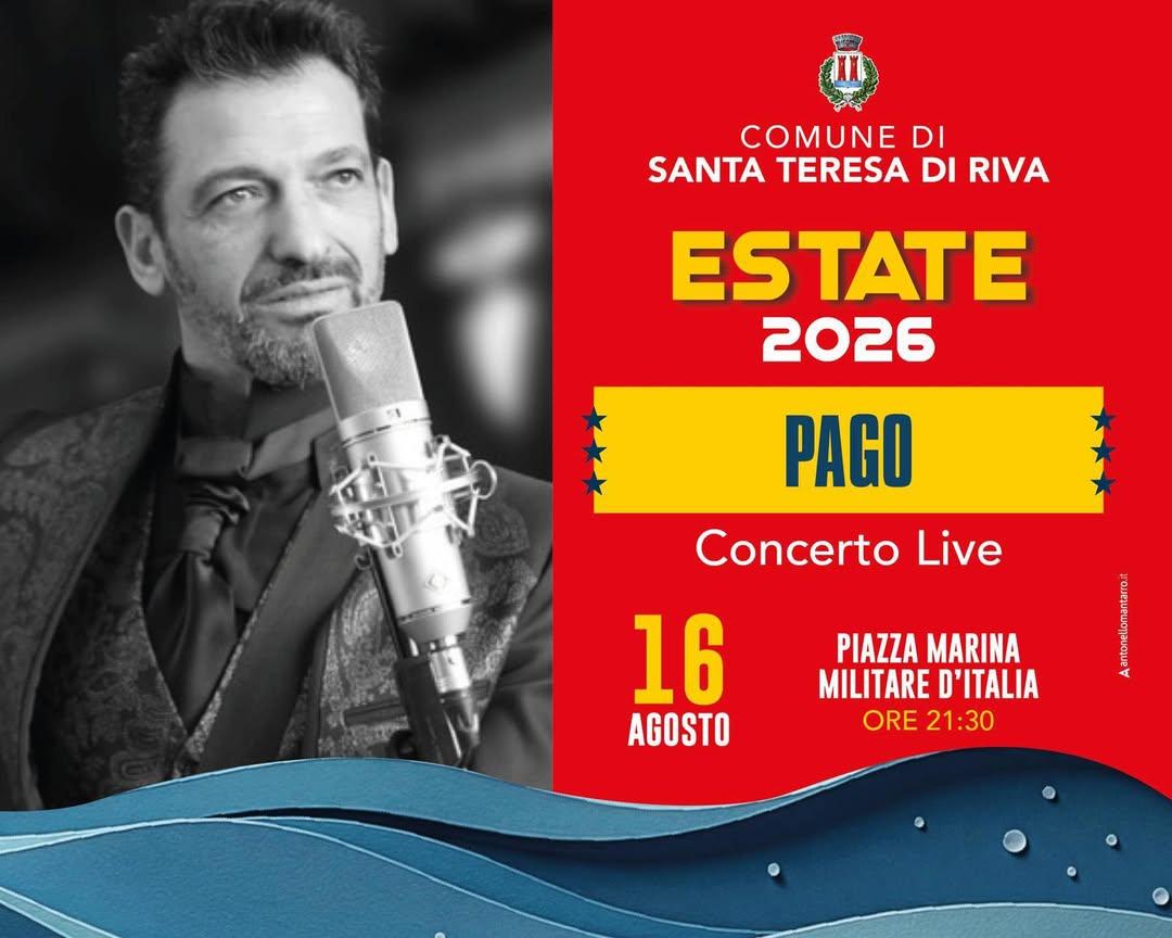 #Stasera 16 AGOSTO - ore 21.30 #PAGO in concerto ✨🎙️ 🎶  P.zza Marina Militare 🇮🇹- (p.zza Bianca) Santa Teresa di Riv...