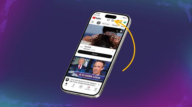 A phone shows the YouTube homepage on mobile with an arrow to the DMs icon next to the 