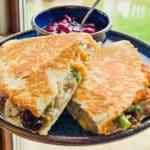 quesadilla filled with Thanksgiving sides and turkey too