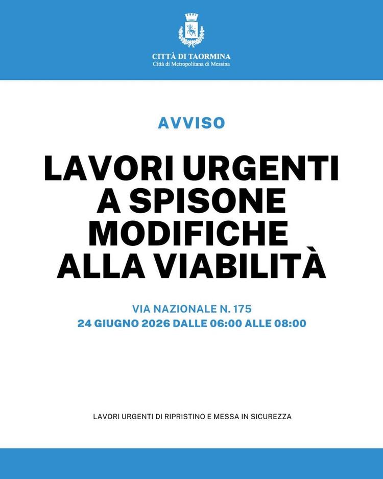🚧 LAVORI URGENTI A SPISONE: MODIFICHE TEMPORANEE ALLA VIABILITÀ IL 24 GIUGNO Mercoledì 24 giugno 2026, dalle ore 06:00...