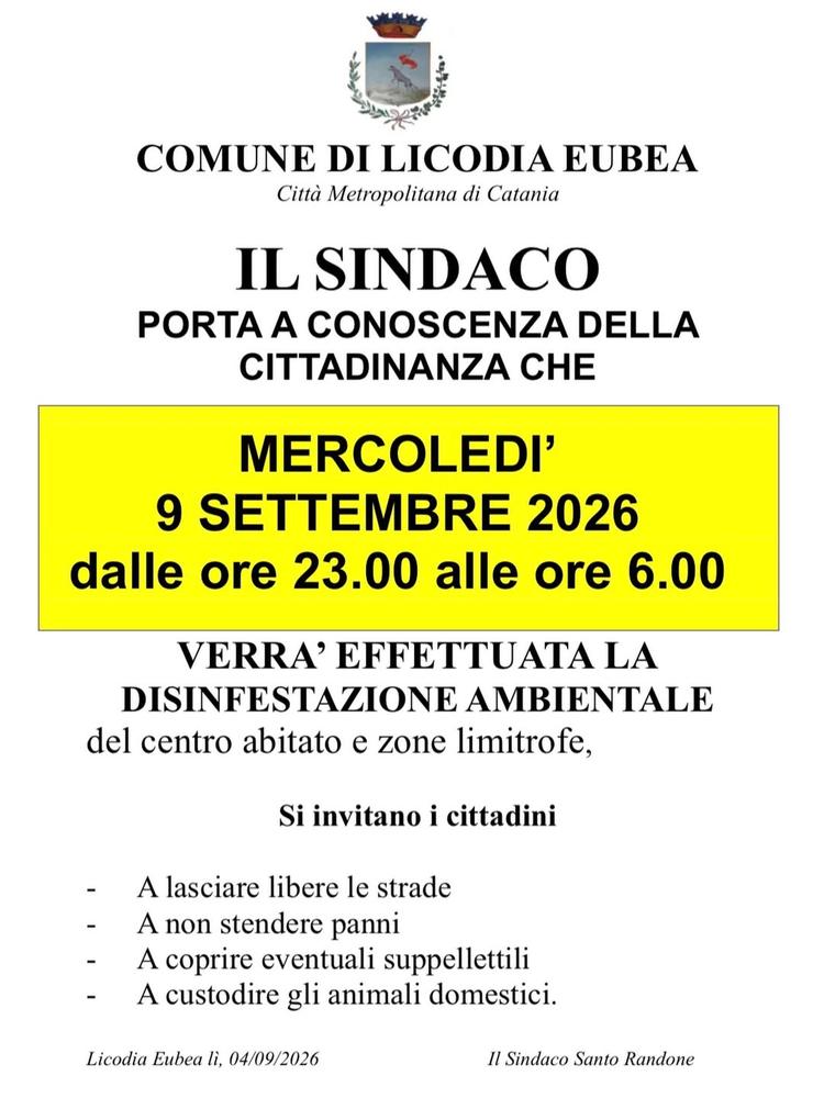 AVVISO DISINFESTAZIONE Mercoledì 9 settembre