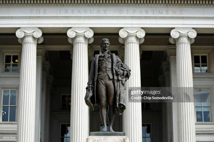 A statue of the first United States Secretary of the Treasury, Caribbean born Alexander Hamilton, stands in front of the U.S. Treasury September 19, 2008 in Washington, DC. 