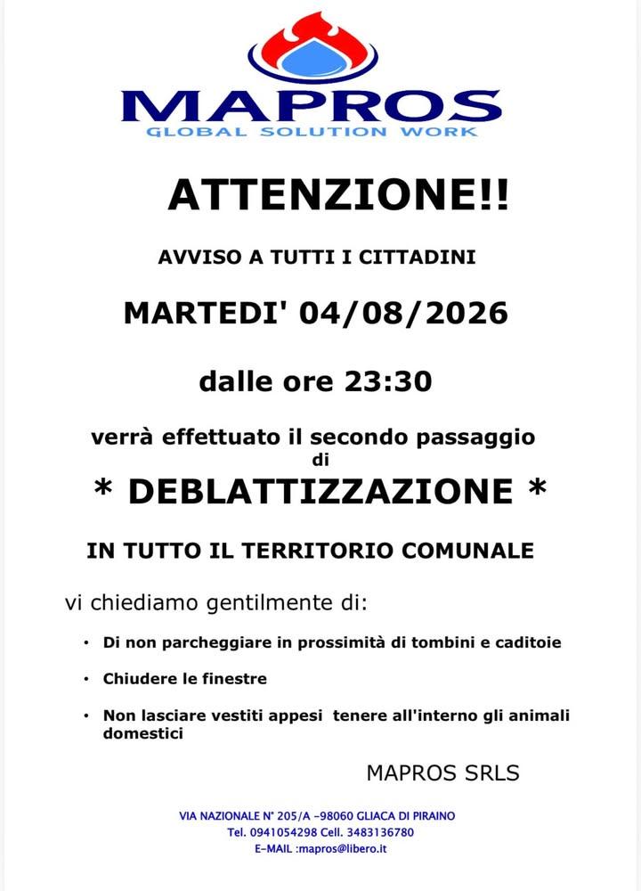 ⚠️Secondo passaggio di deblattizzazione su tutto il territorio comunale giorno 04/08/2026 a partire dalle ore 23:30❗️