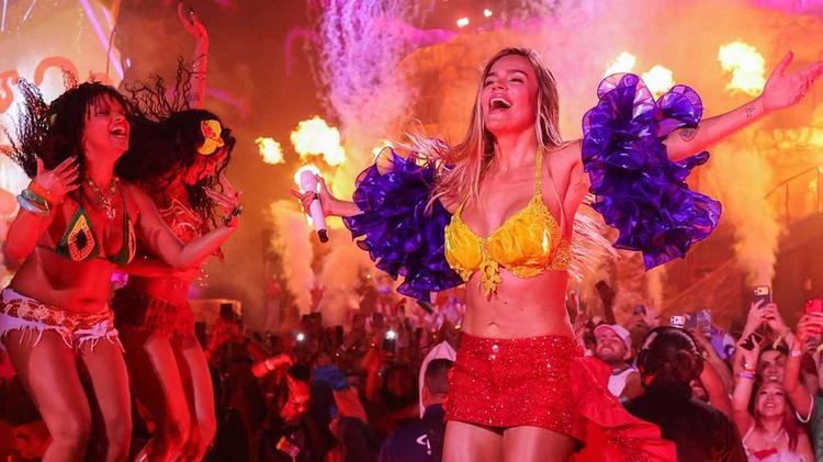 Karol G and Becky G performing together during Coachella Weekend 2