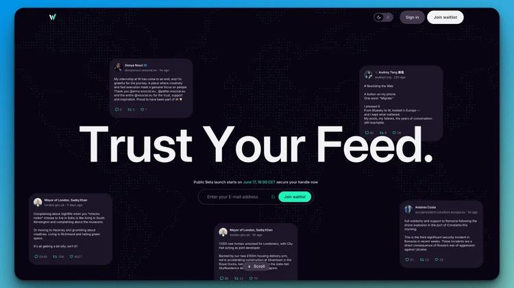 Darke Social-Media-Startseite mit Slogan Trust Your Feed