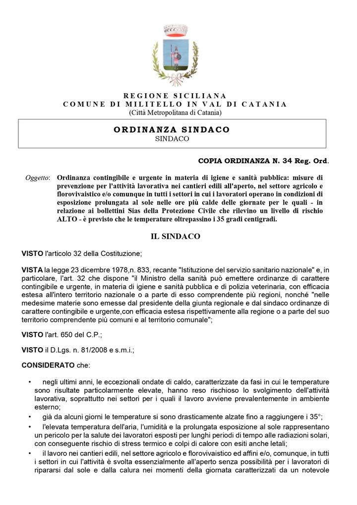 Ordinanza contingibile e urgente in materia di igiene e sanità pubblica: misure di prevenzione per l'attività lavorativa...