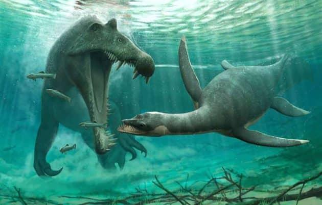 Künstlerische Darstellung eines Fluss-Plesiosauriers in seiner natürlichem Umgebung und im Nahrungskampf mit einem Spinosaurier (Illu.). Copyright: University of Bath