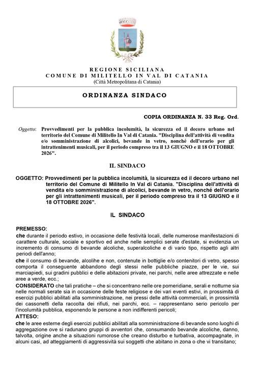 Provvedimenti per la pubblica incolumità, la sicurezza ed il decoro urbano nel territorio del Comune di Militello In Val...