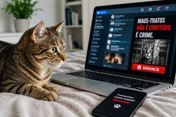 Foto colorida que mostra um gato no lado esquerdo da imagem, com um computador do lado direito. No computador, é possível ler a mensagem: 