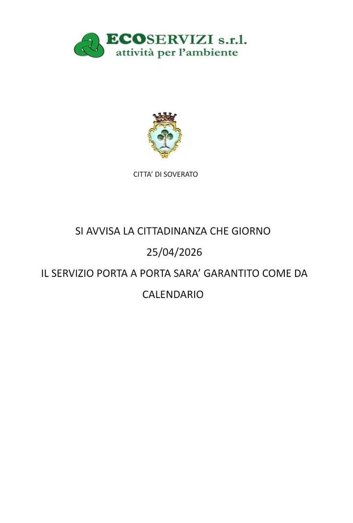 ll servizio raccolta rifiuti sarà garantito giorno 25 aprile 2026
