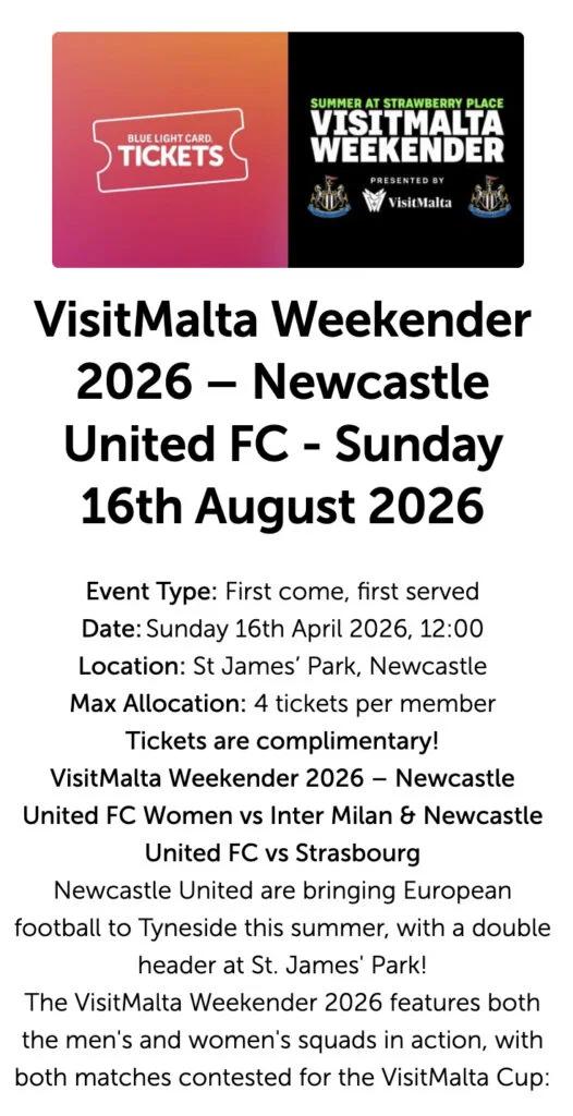 Blue Light Tickets Visit Malta Weekend Newcastle United