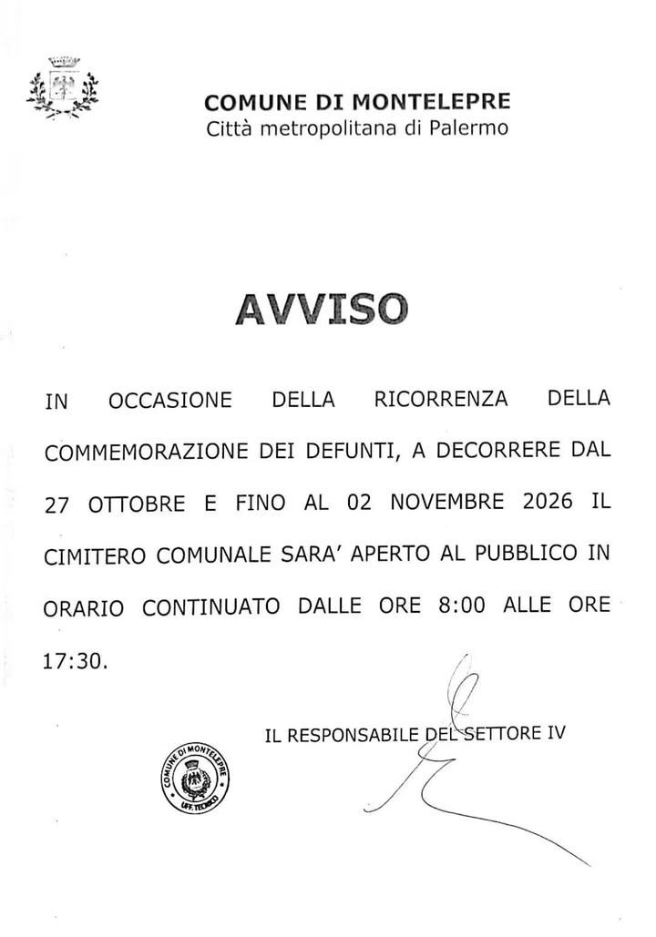 AVVISO Orari apertura e chiusura cimitero comunale dal 27 ottobre al 2 novembre.