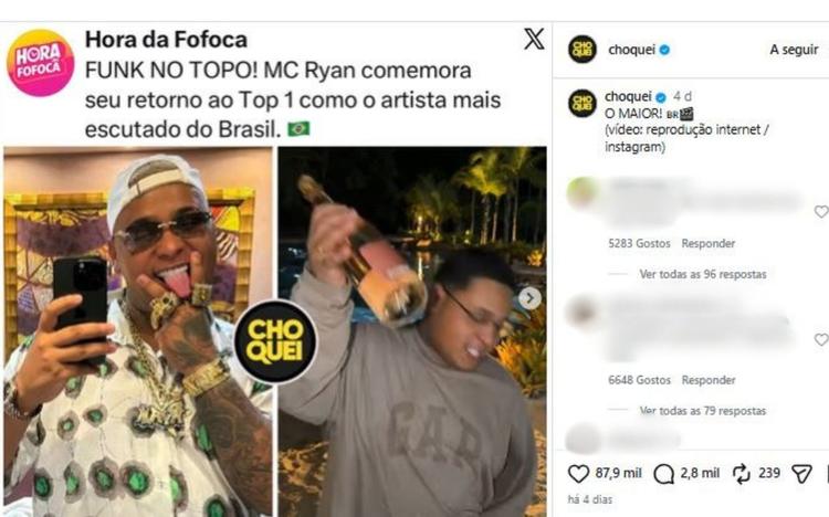 'Choquei' fez posts exaltando MC Ryan dias antes da prisão do dono da página suspeito de receber para divulgar artista: 'O maior'