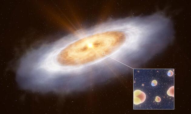 Diese künstlerische Darstellung zeigt die planetenbildende Scheibe um den Stern V883 Orionis. Im äußersten Teil der Scheibe ist das Wasser in Form von Eis gefroren und kann daher nicht leicht nachgewiesen werden. Ein Energieausbruch des Sterns heizt die innere Scheibe auf eine Temperatur auf, bei der das Wasser gasförmig ist, so dass die Astronomen und Astronominnen es nachweisen können. Das eingefügte Bild zeigt die beiden Arten von Wassermolekülen, die in dieser Scheibe untersucht wurden: normales Wasser mit einem Sauerstoff- und zwei Wasserstoffatomen und eine schwerere Version, bei der ein Wasserstoffatom durch Deuterium, ein schweres Isotop des Wasserstoffs, ersetzt istCopyright: ESO/L. Calçada