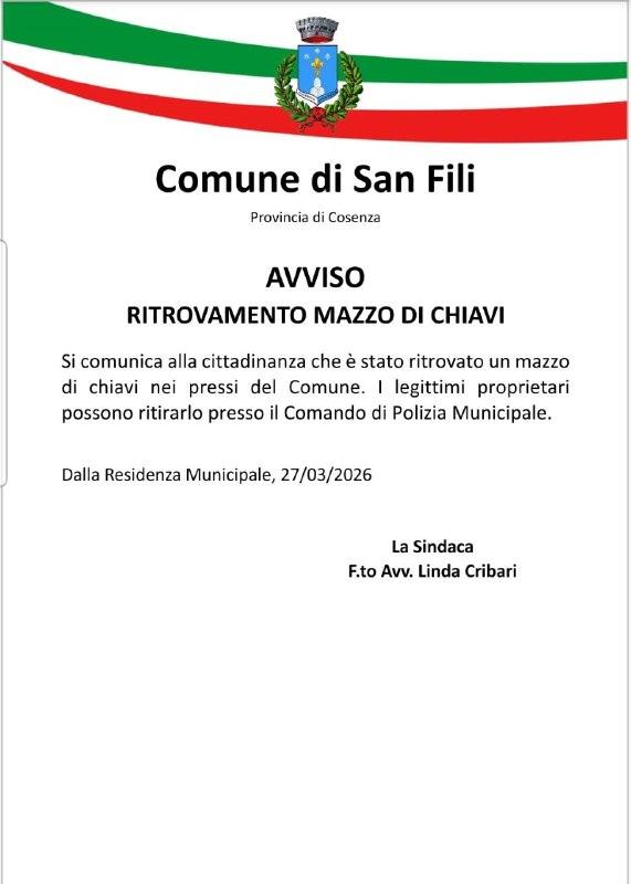 𝐀𝐯𝐯𝐢𝐬𝐨 - 𝐑𝐢𝐭𝐫𝐨𝐯𝐚𝐦𝐞𝐧𝐭𝐨 𝐦𝐚𝐳𝐳𝐨 𝐝𝐢 𝐜𝐡𝐢𝐚𝐯𝐢 Si comunica alla cittadinanza che 𝐞̀ 𝐬𝐭𝐚𝐭𝐨 𝐫...