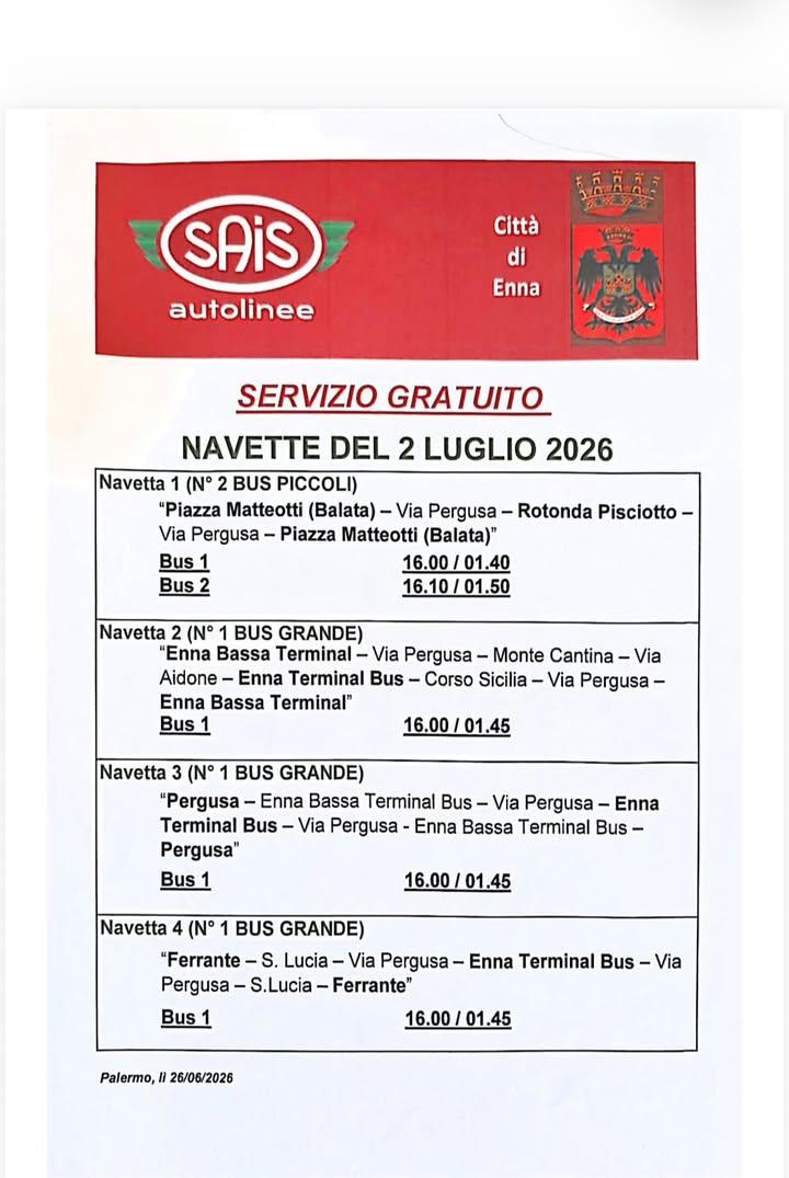 Il 2 luglio arrivano le navette gratuite per la Festa della Patrona, quattro linee da Enna Bassa, Pergusa, Ferrante e da...