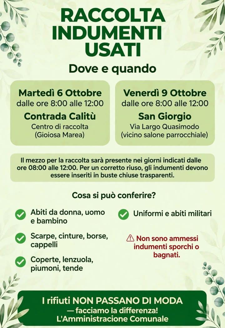 ♻️ RACCOLTA INDUMENTI USATI - Gioiosa Marea 📅 Martedì 6 Ottobre | 8:00 - 12:00 📍 Contrada Calitù