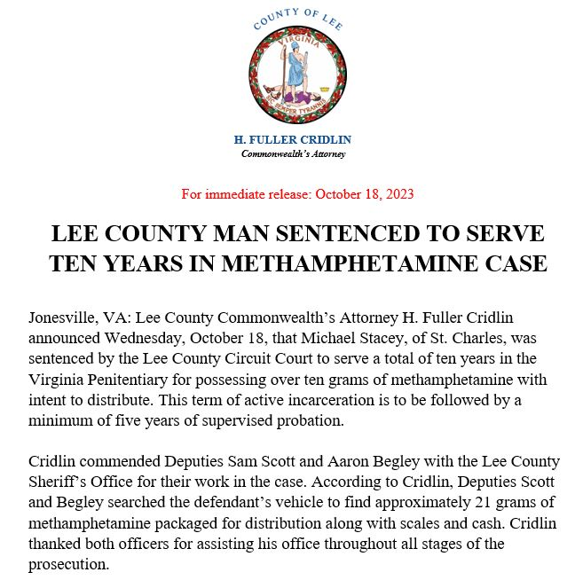 Lee County Man Sentenced to Serve TEN YEARS in Methamphetamine Case