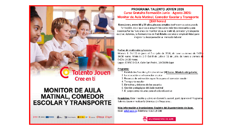 #Aspe: Curso gratuito de monitor escolar dirigido a jóvenes