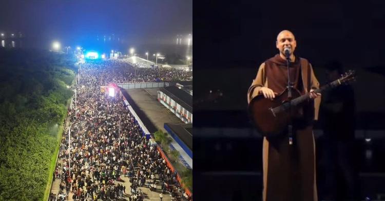 Mais de 60 mil pessoas acompanham show de Frei Gilson em Navegantes após atraso e força-tarefa para  chegada do religioso
