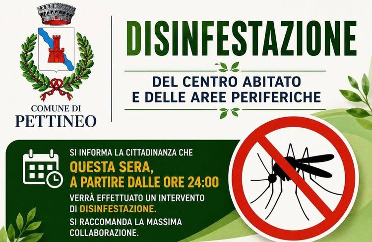 🦟 AVVISO ALLA CITTADINANZA – DISINFESTAZIONE Si informa la cittadinanza che questa sera, a partire dalle ore 24:00, ver...