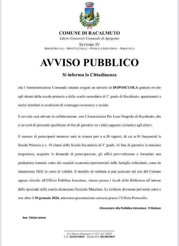 L’Amministrazione Comunale di Racalmuto attiva un servizio gratuito di doposcuola rivolto agli alunni della scuola prima...