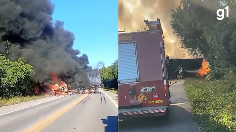 Caminhões batem de frente, pegam fogo e acidente bloqueia trecho da BR-392 no Sul do RS; uma pessoa morreu