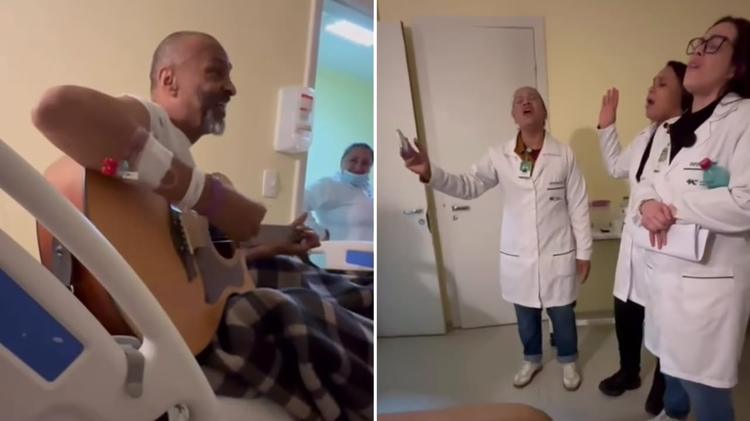 Homem com câncer avançado inspira ao louvar no leito com equipe médica