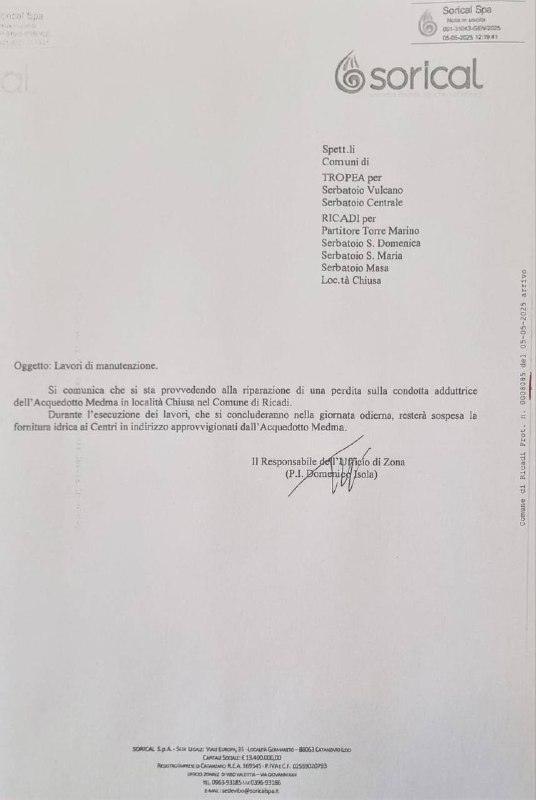 Avviso Sorical - lavori di manutenzione 🚧