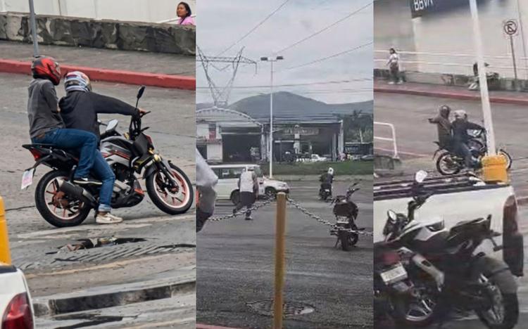 ¡VIDEO IMPACTANTE!: Dos motociclistas roban dinero y alhajas en estacionamiento de supermercado y huyen hacia Tezoyuca