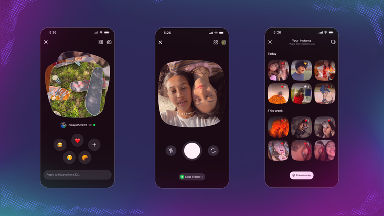 Three phones showing Instants on Instagram.
