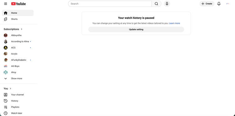 Screenshot of a blank youtube homepage