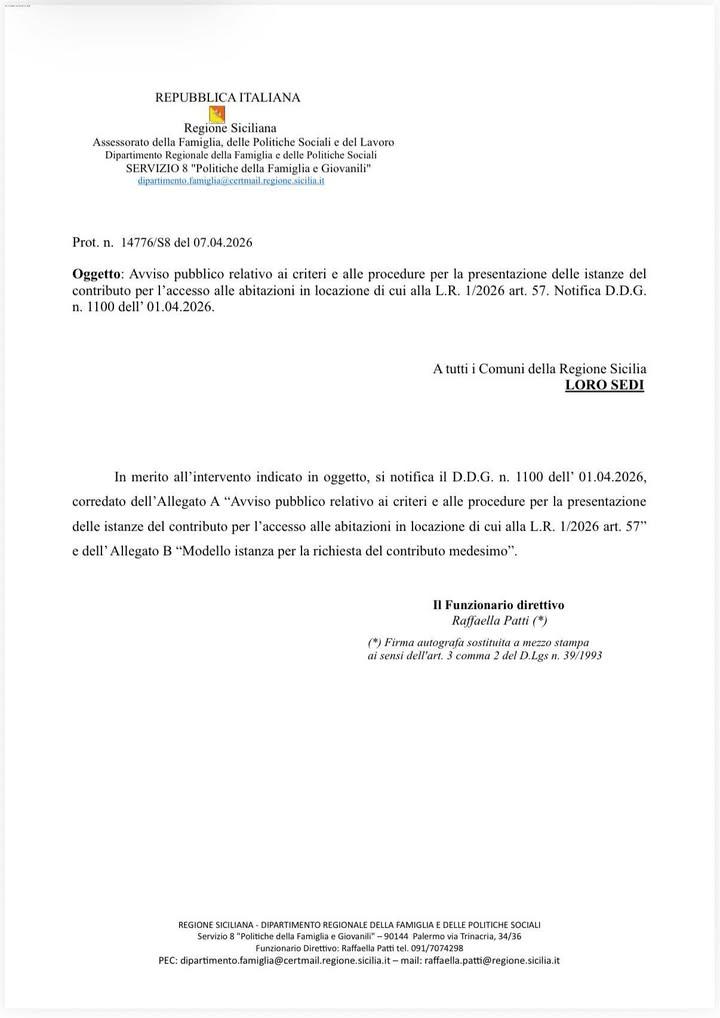 📢 CONTRIBUTO AFFITTO 2026 – PUBBLICATO L’AVVISO UFFICIALE La Regione Siciliana ha approvato l’Avviso pubblico per richi...
