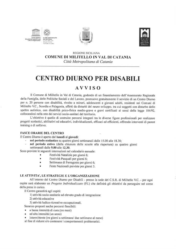 CEI{TRO DIURNO PER DISABILI AVVISO. La persona interessata o familiare del minore disabile, dovrà presentare domanda di...