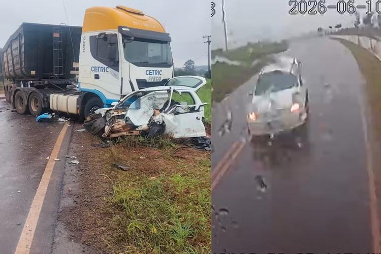 Câmera na cabine filma momento em que carro perde controle e bate de frente com caminhão em rodovia do PR