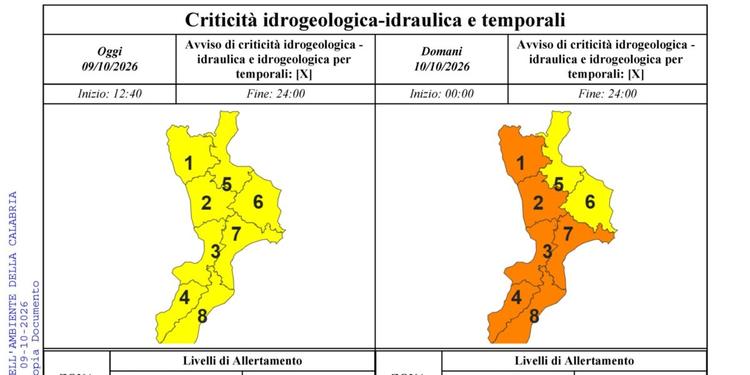 Maltempo, allerta arancione in quasi tutta la Calabria. Esclusi i settori ionici cosentini e crotonesi