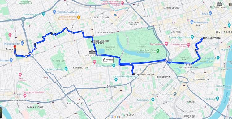 Route overview of the 11km Piccadilly to Westfield Cycle