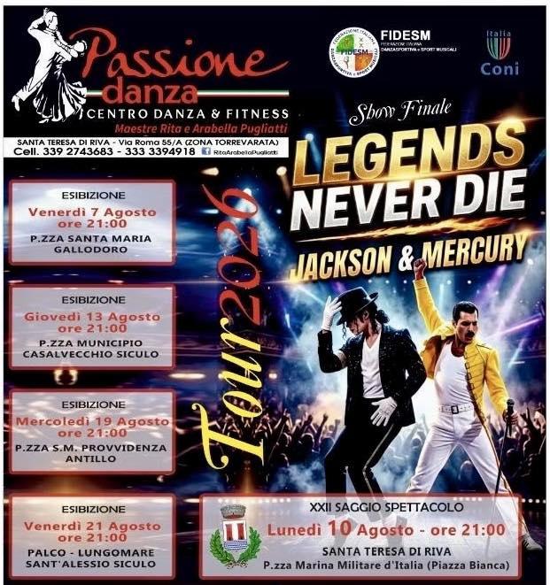 Stasera lunedì 10 Agosto - ore 21.00 Passione Danza 💃 ✨presenta lo show finale  ⭐️”LEGENDS NEVER DIE” ⭐️ P.zza Marina M...