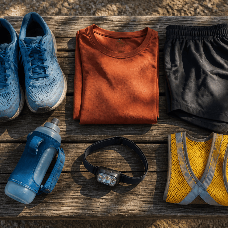 Running shoes, an orange shirt, black shorts, a water bottle, a headlamp, and a yellow reflector vest are neatly arranged on a wooden bench—essentials for any running guide or Austin fitness enthusiast. Austin Marathon Half Marathon & 5K