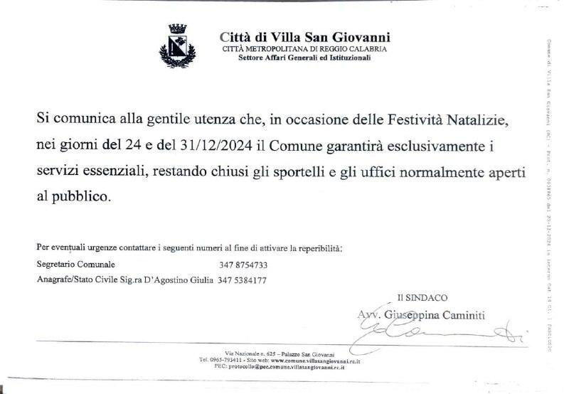 Info chiusura uffici giorno 24 e 31 dicembre prossimi