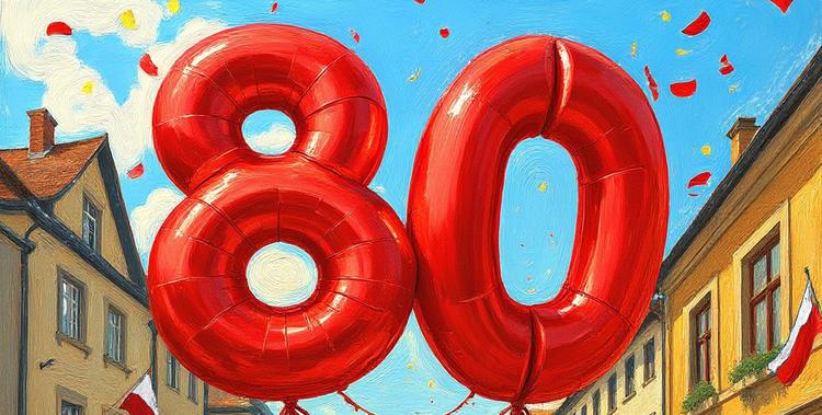  Luftballon in rot Zahl 80 der an Häusern vorbeifliegt